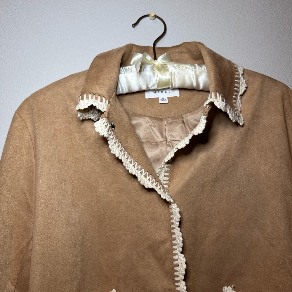 Elegant Tan Suede Blazer with Cream Trim - Picture 6 of 13